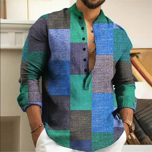 Blusas y camisas de manga larga con cuello en V, chaqueta de algodón y lino para hombre, camisa de manga larga estampada, cárdigan con botones, blusa para hombre