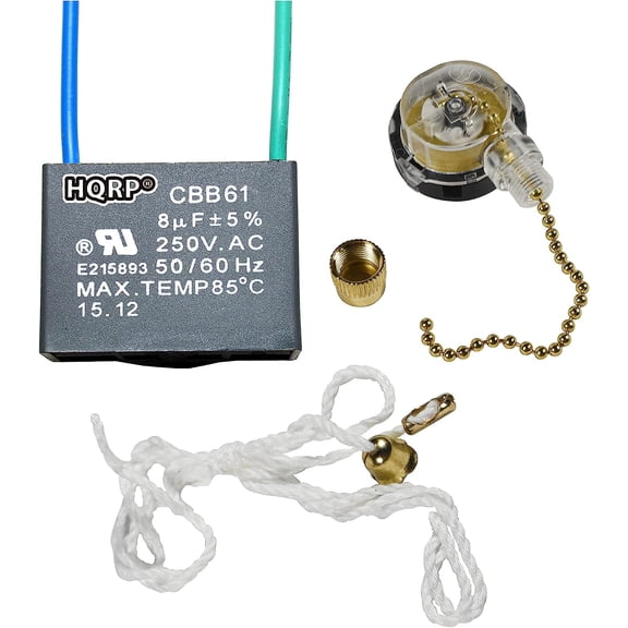 HQRP Kit Ceiling Fan Capacitor CBB61 8uf 2-Wire and 3-Speed Fan Switch