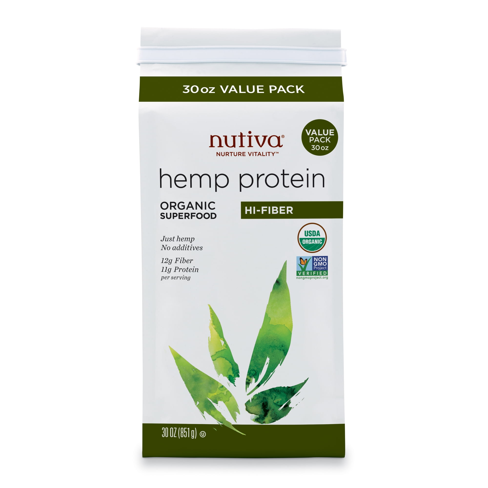 Nutiva USDA Organic Cold-Pressed Raw Hemp Seed Plant Protein with Hi-Fiber and Essential Amino Acids Powder, Non-GMO, Whole 30 Approved, Vegan, Gluten-Free & Keto, 30 oz.
