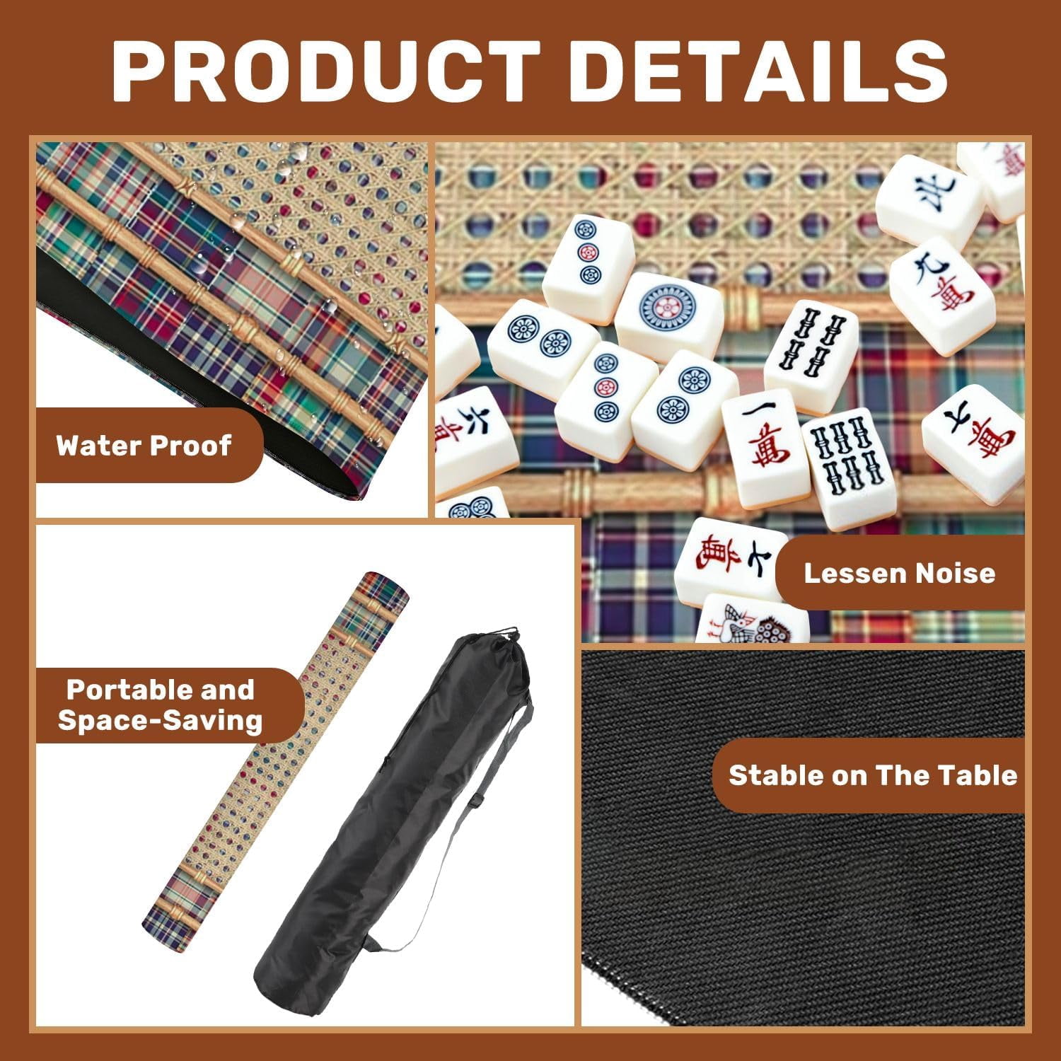 Mahjong Mat with Carrying Bag 31.5" x 31.5" Non-Slip Noise Reduction Woven Cane Lattice Panel Colorful Plaid Patchwork Border Bamboo Frame Table Mat for Mahjong Poker Dominoes Card Board Tile Games