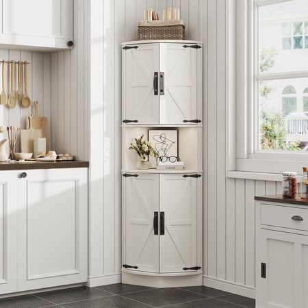 Vabches Farmhouse 64.8 Tall Corner Cabinet with 4 Doors and 5 Storage Shelves Corner Storage Cabinet for Kitchen Living Room White
