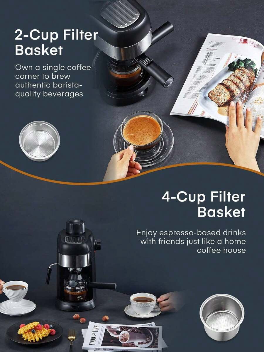 Steam Espresso Machine, 3.5 Bar 4 Cup, Professional Compact Espresso And Cappuccino Maker With Milk Frother And Carafe For Coffee, Latte And Mocha