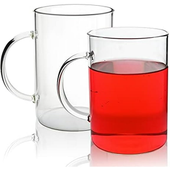 Borosilicate Glass Mugs 19 oz Set of 2, Extra Large Clear Glass Cup with Handle for Coffee Tea Beverage, Hot/Cold Drinking Glasses, wide mouth.
