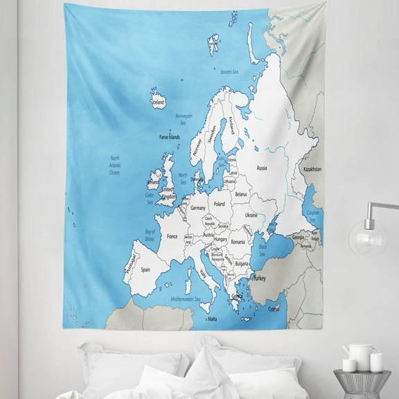 Europe Tapestry, Detailed Map of the European Continent with Borders Rivers and Seas, Fabric Wall Hanging Decor for Bedroom Living Room Dorm, 5 Sizes, Sky Blue Coconut and White, by Ambesonne