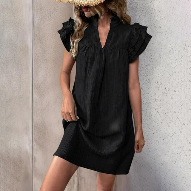 Taylonsss Robe Femme Couleur Unie Manches Courtes Tissu Texturé Col Montant Décontracté Style Plage
