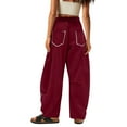 thumbnail image 3 of Dweltoz Womens Baggy Barrel Pants Drawstring Elastic Waisted Wide Leg Sweat Pant 2025 Trendy Color Block Casual Palazzo Pants with Pockets,Wine L, 3 of 4
