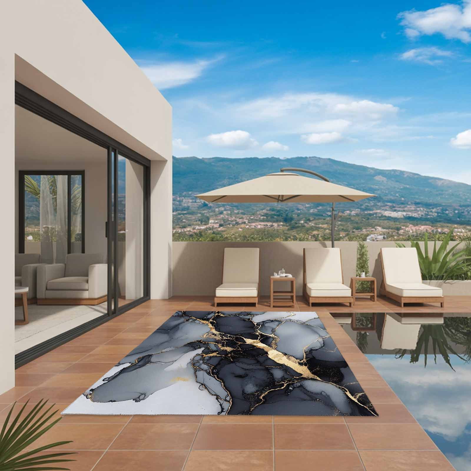 Outdoor Rug 5x8ft Ombre Black Marble Texture Large Area Rug Gold Waves Abstract Indoor Outdoor Carpet Outdoor Rugs Mats for Patio Camping,RV,Front Door, Outside Decor