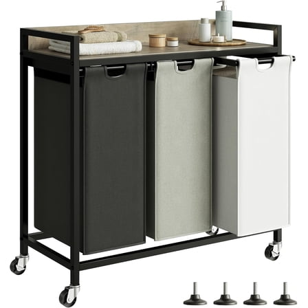 Laundry Hampers with Shelf, Laundry Basket 3 Section, Laundry Sorter with Pull-Out Removable Large 3 Color Bags and Movable Wheels, Metal Frame, 3 x 15.87 Gallons (60L), Greige PF04XLZ