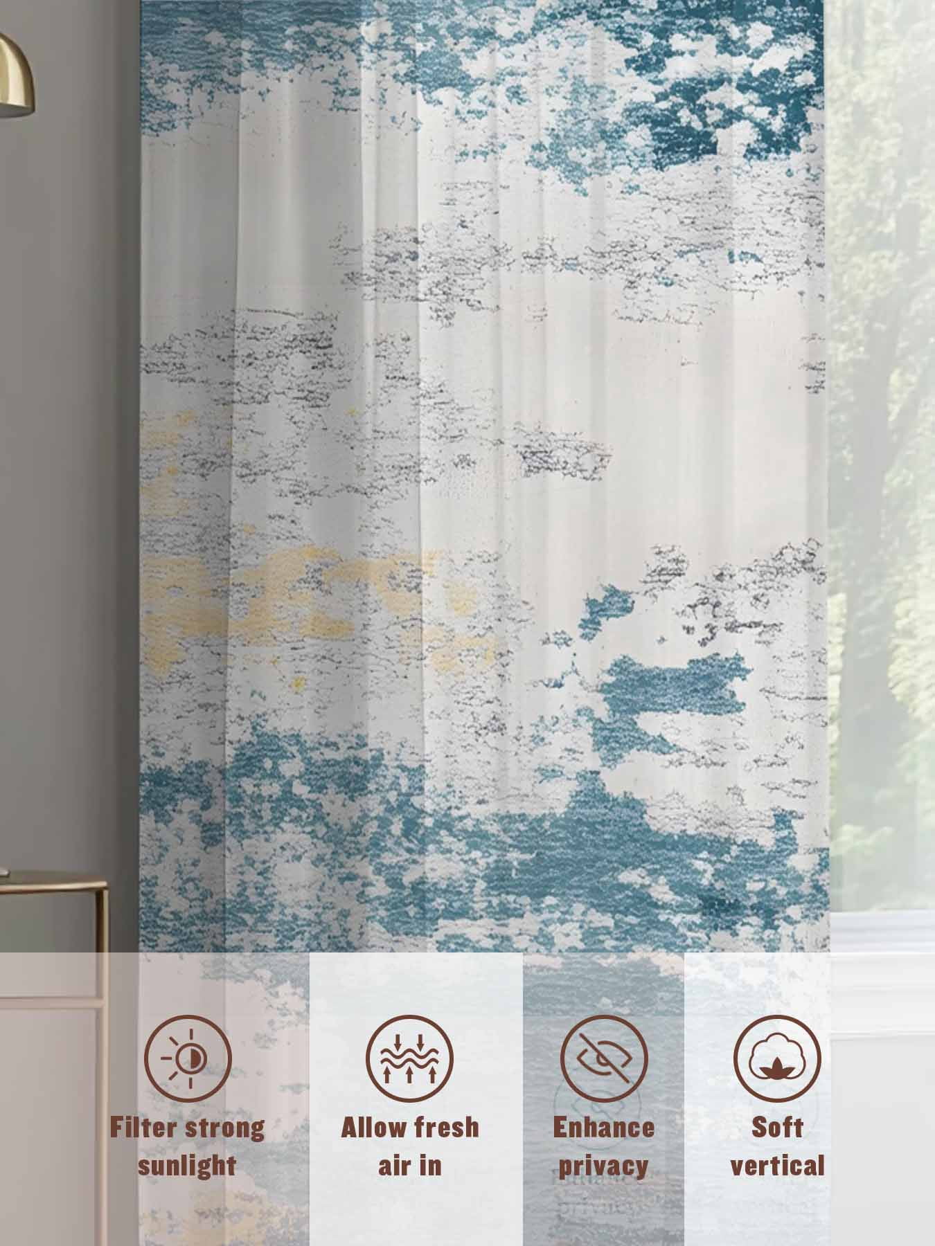Navy Gold Gray Sheer Curtains for Living Room Bedroom, Abstract Art Mottled Old Gradient Color Light Filtering Sheer Curtains, Rod Pocket Voile Window Drapes, 2 Panels Set 52"x 63"
