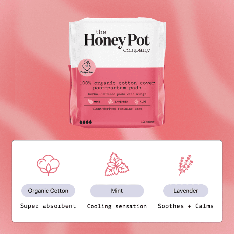The Honey Pot Company, Herbal Post-Partum Pads with Wings, Organic Cotton  Cover, 12 ct.