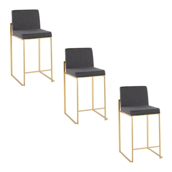 LumiSource Fuji High Back 26" Fixed-Height Counter Stool - Set of 3 in Gold Steel
