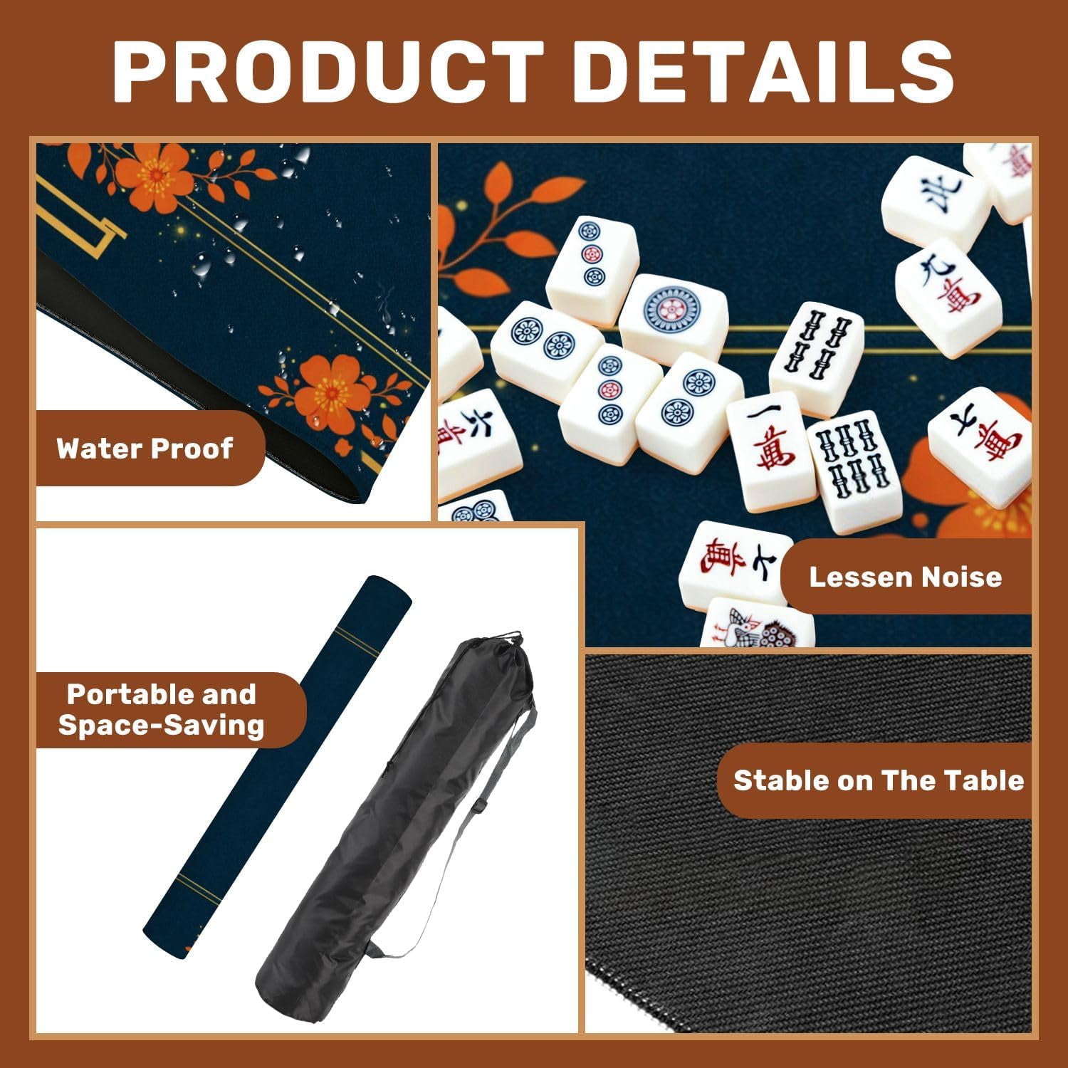 Mahjong Mat with Carrying Bag 31.5" x 31.5" Non-Slip Noise Reduction Floral Frame Orange Blossoms Gold Geometric Border Dark Blue Table Mat for Mahjong Poker Dominoes Card Board Tile Games