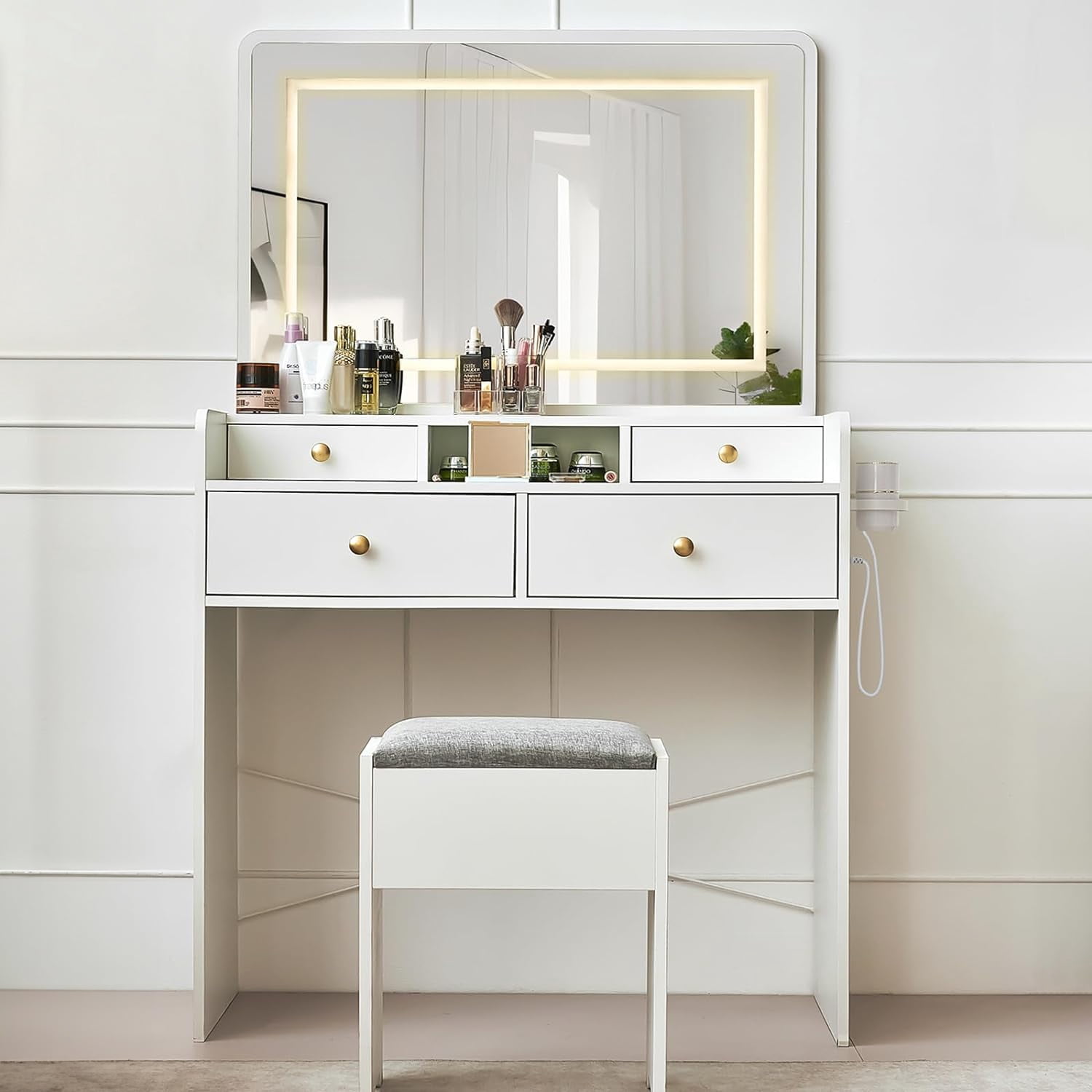 Vanity Desk with Mirror and Light, Vanity Dressing Table with Storage Bench, Charge Station, White