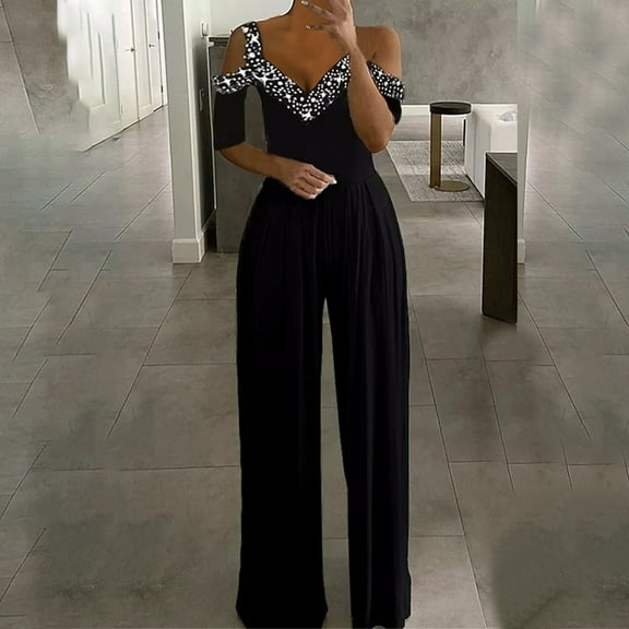 Baqcunre Women's Short Sleeve V-Neck Wide-Leg Waisted Print Dressy Jumpsuit Jumpsuits for Women Dressy Womens Jumpsuit One Piece Jumpsuit Pants for Women ,Black,Size S-Xxl