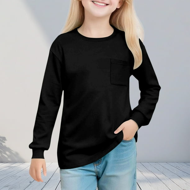 Blusas y camisas de manga larga con cuello redondo para niñas de 5 a 14 años, color liso, con cuello redondo y manga larga