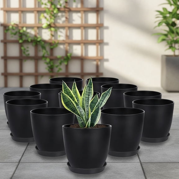Plant Pots, 12 Pack 6 inch Modern Plastic Planters with Drainage Holes and Saucers for Indoor Outdoor Plants and Flowers, Black