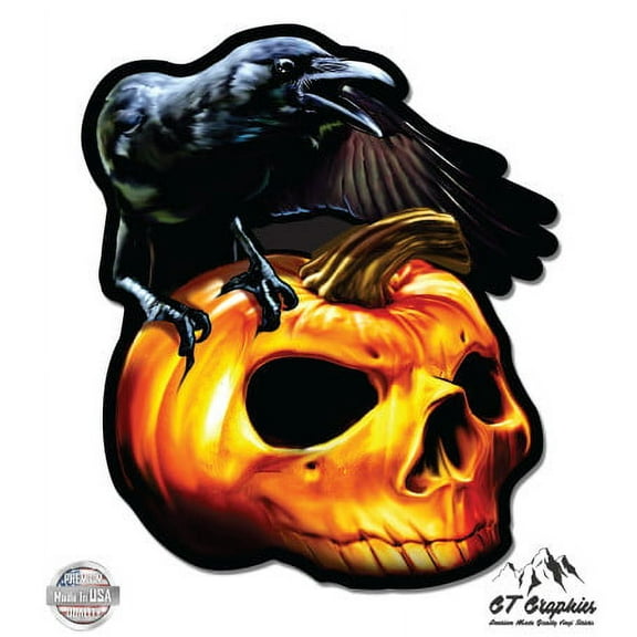 Raven Pumkin Skull - 3" Vinyl Sticker - For Car Laptop I-Pad Phone Helmet Hard Hat - Waterproof Decal