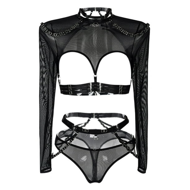 VISgogo, conjunto de lencería exótica de 4 uds para mujer, Tops cortos de manga larga transparentes de malla y bragas de Tanga con cuello, liguero, ropa de dormir VISgogo moda