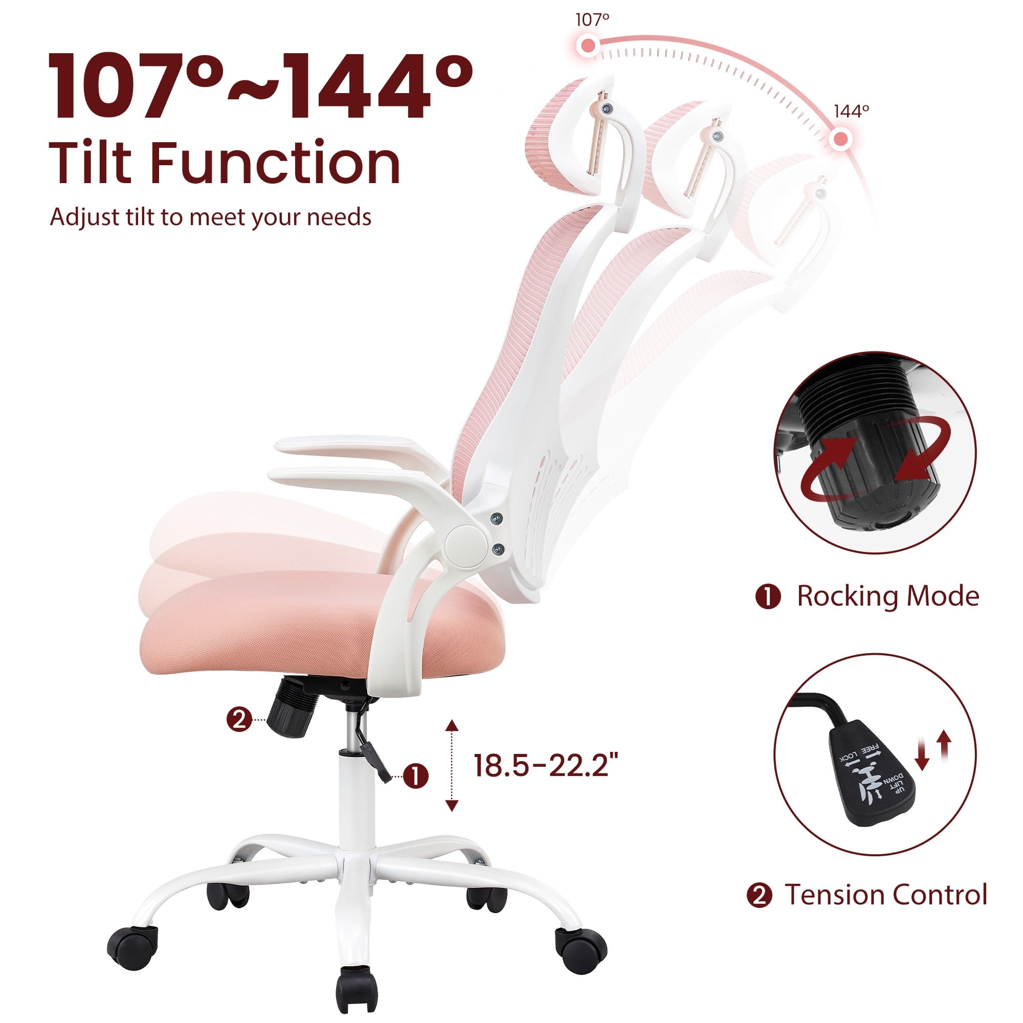 MCQ Office Chair, Ergonomic Home Mesh Office Desk Chairs, with Adjustable Armrests, Wheels and Mid-Back Task Chair with Lumbar Support,  Pink