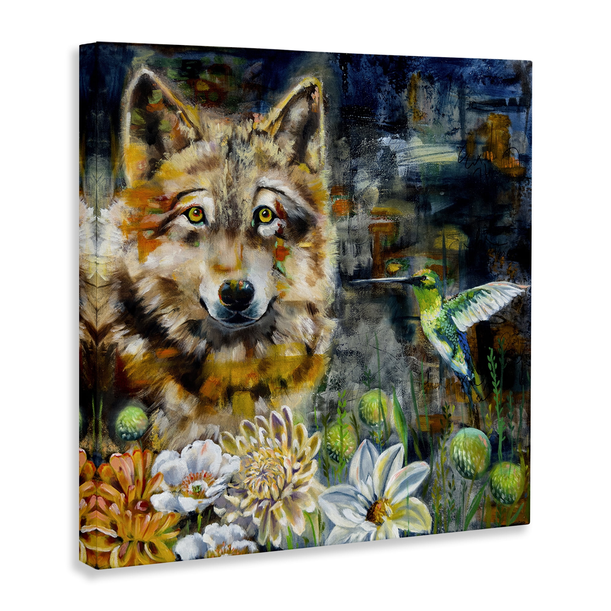 Stupell Industries Beautiful Wolf & Hummingbird Animals Painting Wrapped Canvas Art Print Wall Art, 24 x 24