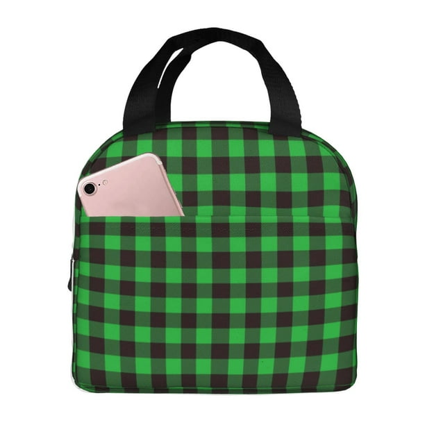 Easygdp Buffalo Plaid Green Black Bolsa Térmica Premium - Tela Oxford Impermeable, Gran Capacidad, Bolsillo Frontal, Unisex para Trabajo, Escuela, Actividades al Aire Libre y Picnics