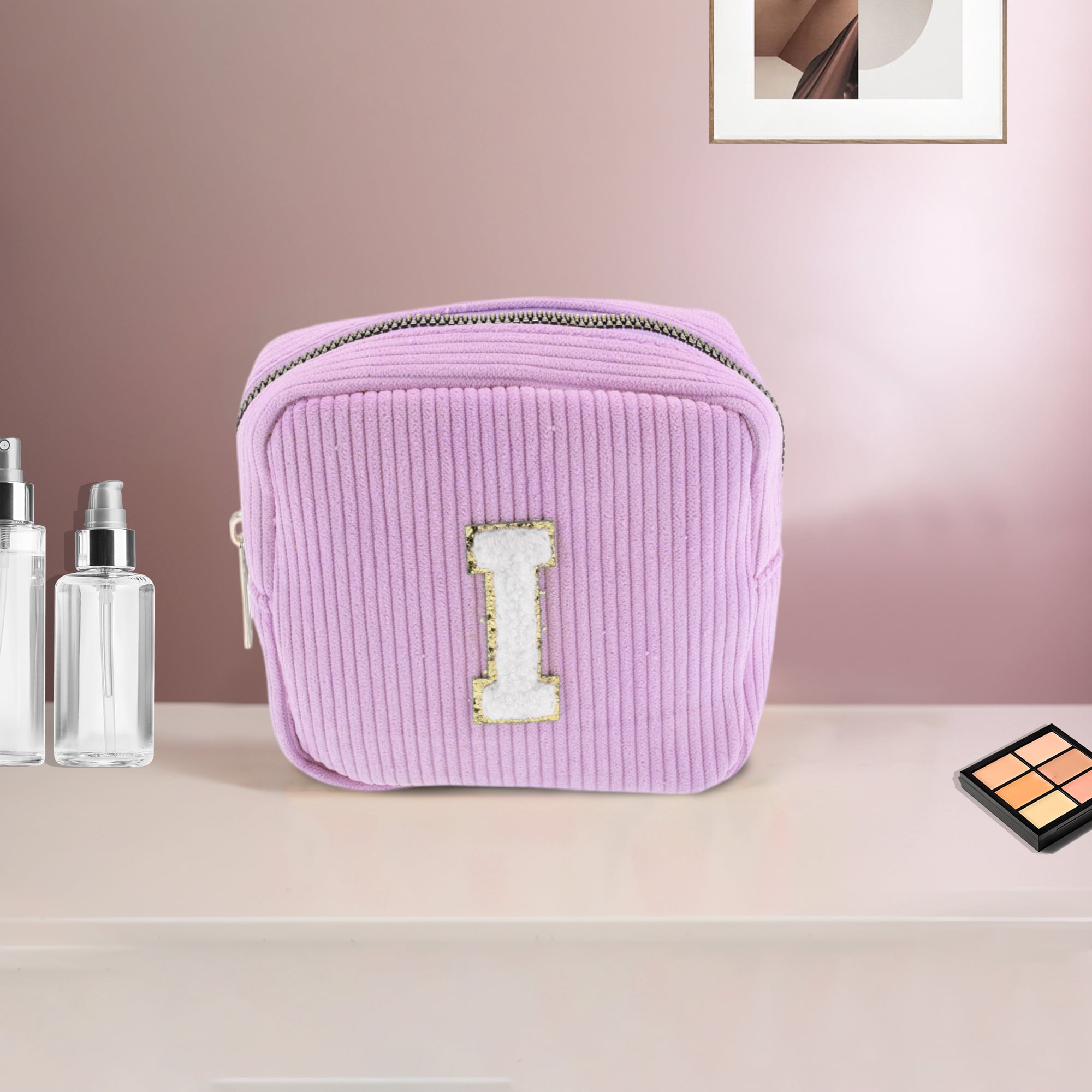 Unique Bargains 1 Pc Letter I Pattern Makeup Bag for Travel with Zipper Pink Purple
