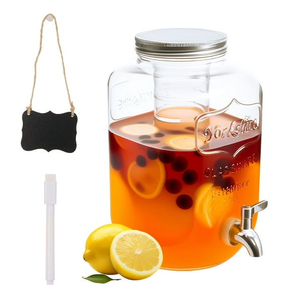 4L Glass Beverage Dispenser with Stainless Steel Spigot and Fruit Infuser Clear Juice Dispenser for BBQ Picnic Pool Party and Social Events