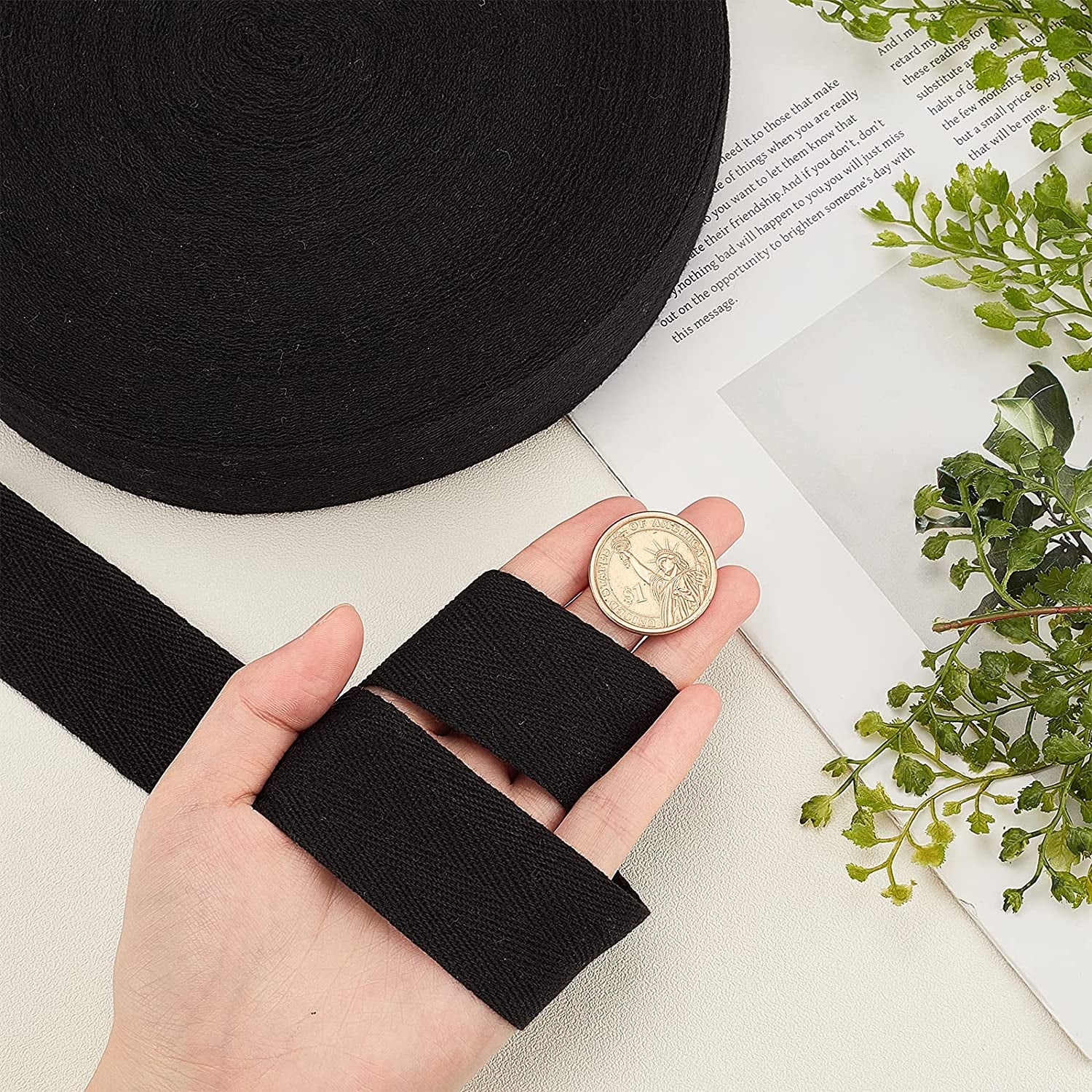 49 Yards(45m)/Roll Herringbone Cotton Webbings 35mm Wide Cotton Twill Tape Ribbons Cotton Herringbone Cords for Knit Sewing DIY Crafts Black Black