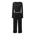thumbnail image 4 of WRKEKC Winter Lounge Sets for Women Solid Color Crew Neck Crop Long Sleeve Top and Elastic Waist Straight Pants 2 Piece Home Sleepwear Set, 4 of 9