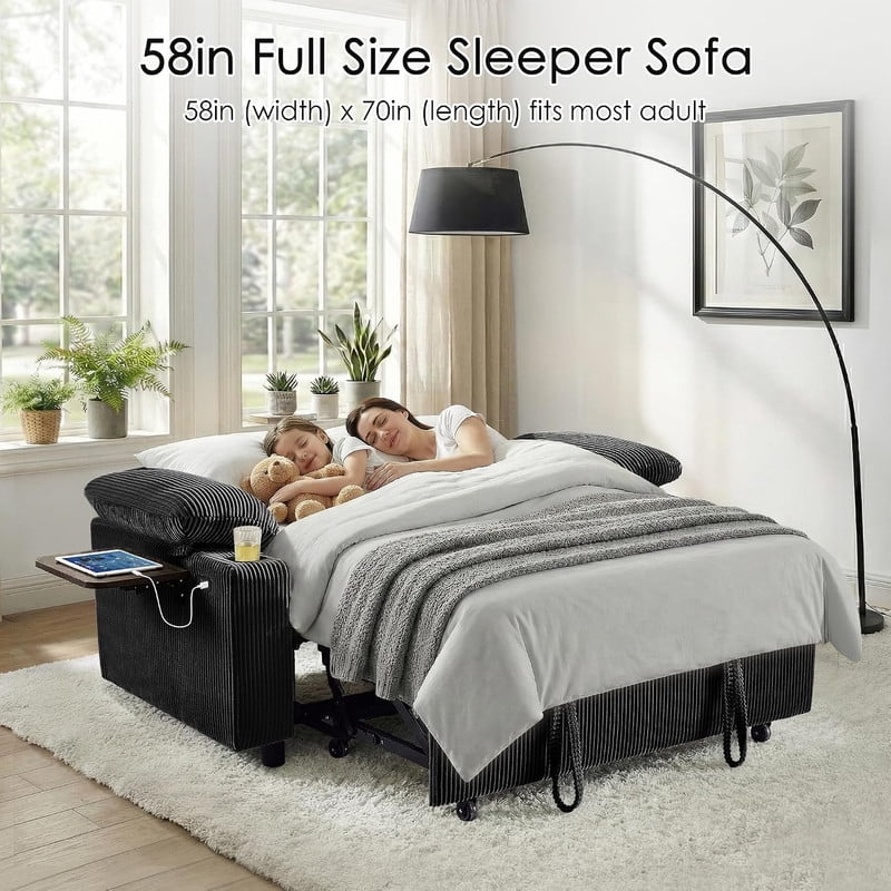 58" Sleeper Sofa Bed, Full Size Pull Out Couch, Convertible Loveseat Sofa with 5-Level Adjustable Backrest, USB Charging Ports, Cup Holders & Foldable Side Table, for Living Room, Apartment & Office