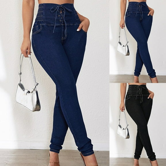 QATAINLAV High Waisted Jean Pants for Women Slim Fit Butt Lift Jeans Solid Tight Stretchy Denim Trousers with Pockets Y2k Streetwear Ofertas Flash Del Dia Blue S