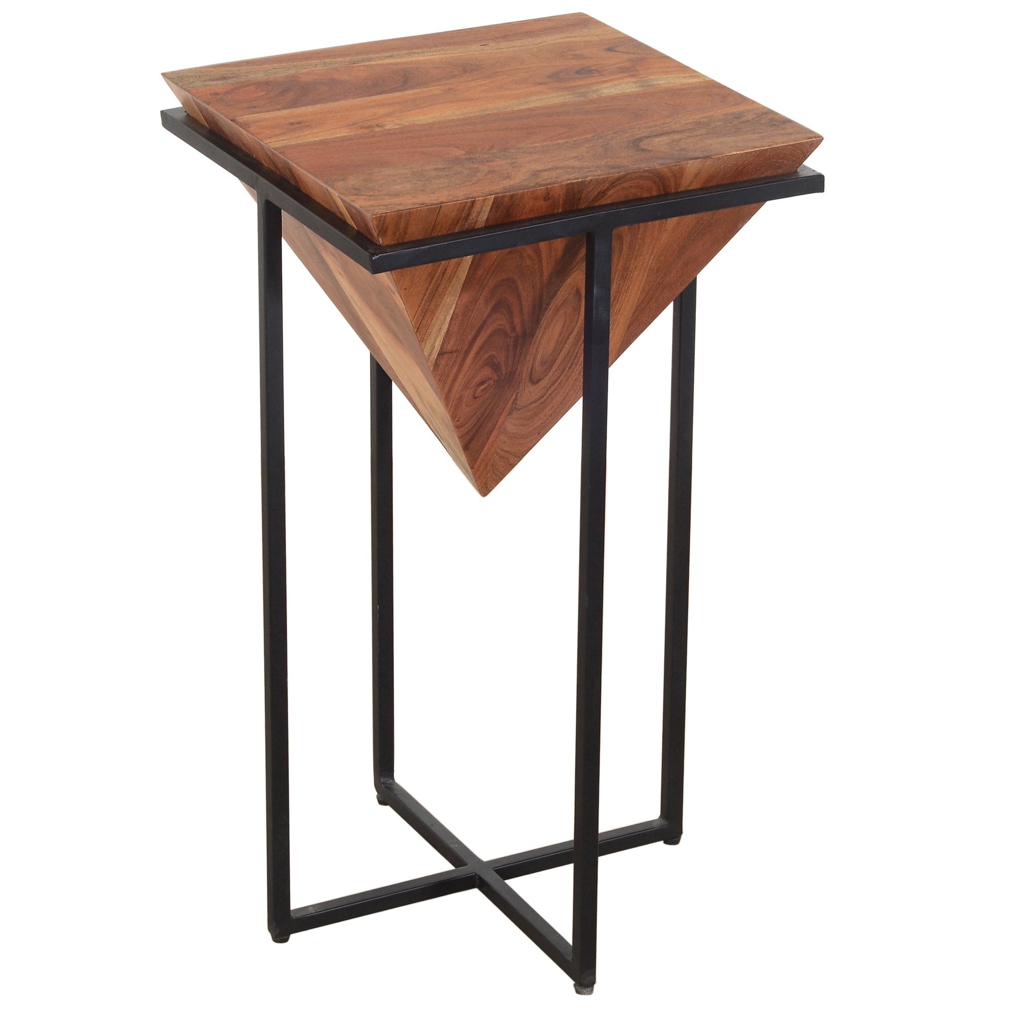 26 Inch Pyramid Shape Wooden Side Table With Cross Metal Base, Brown