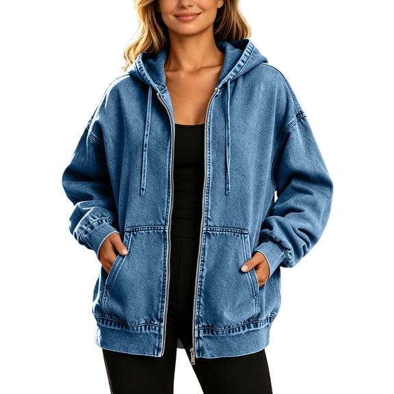 Oksale Hooded Denim Jackets for Women Full Zip Long Sleeve Jean Jacket with Pockets Frayed Streetwear Drawstring Fashion Clothing 2026 Blue S
