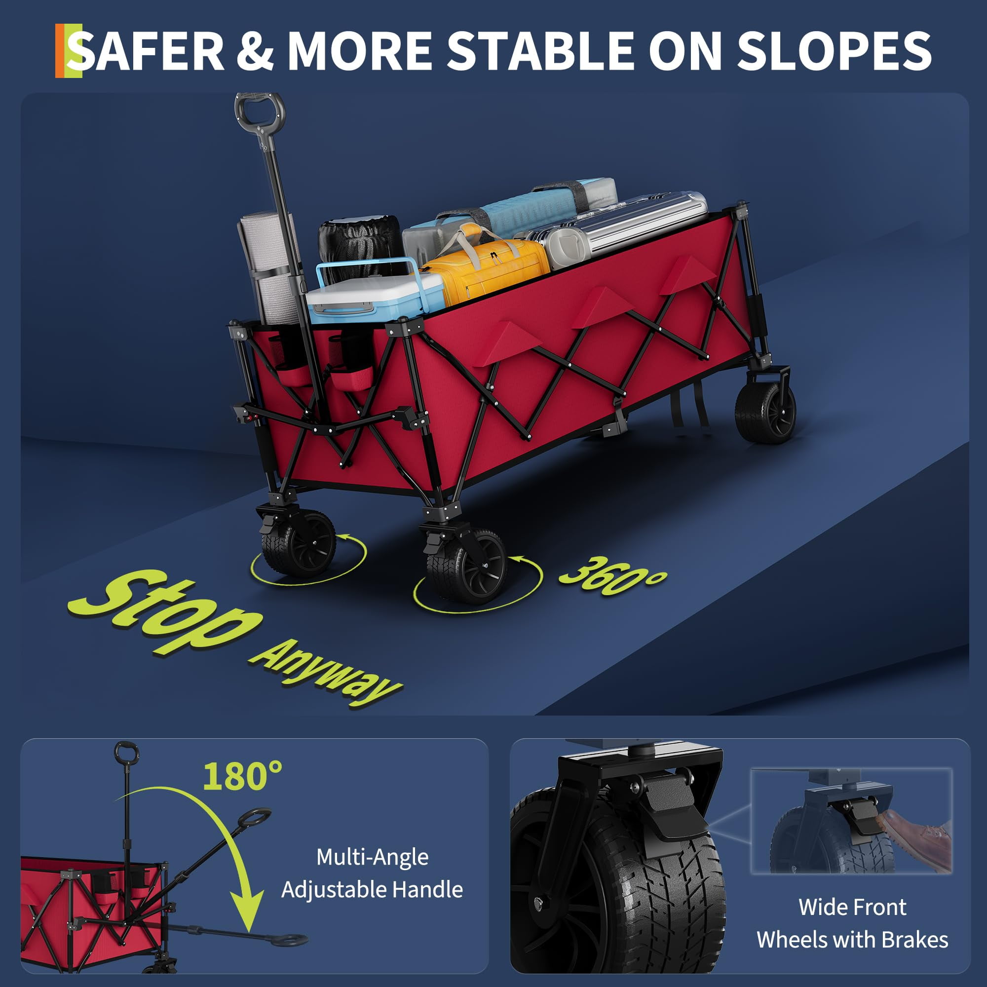 Danolapsi Foldable Wagon for Beach, Extra Large Collapsible Foldable Wagon for Camping, All Terrain Beach Wagons Extended with Cup Holders,460 lbs Capacity