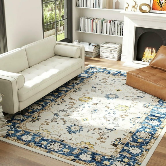 Resenkos 8x10 Machine Washable Area Rug - Non-Slip Boho Floral Print Carpet for Living Room, Bedroom, Dining Room, Blue