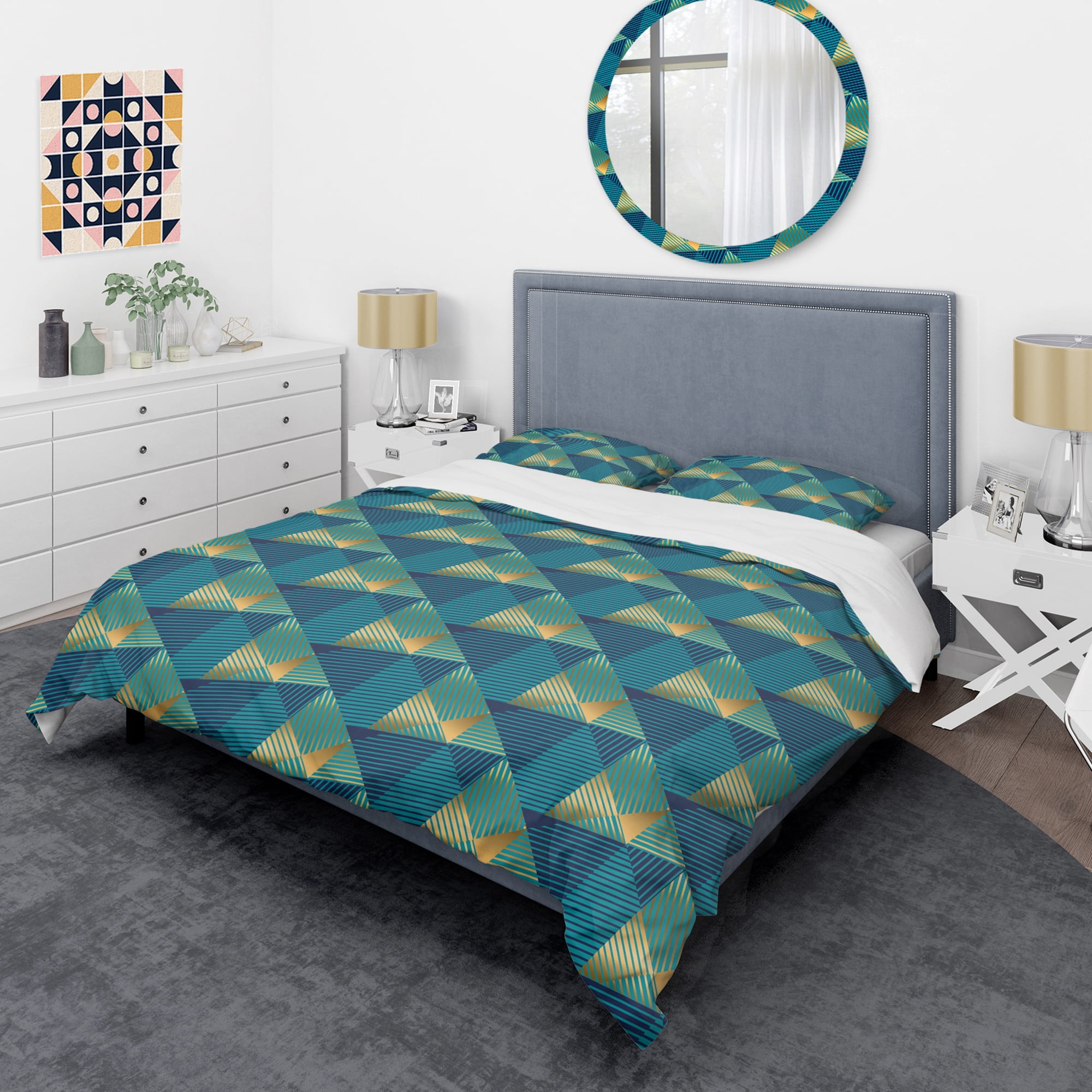 Designart 'Retro Luxury Waves In Gold And Blue VII' Mid-Century Modern Duvet Cover Set