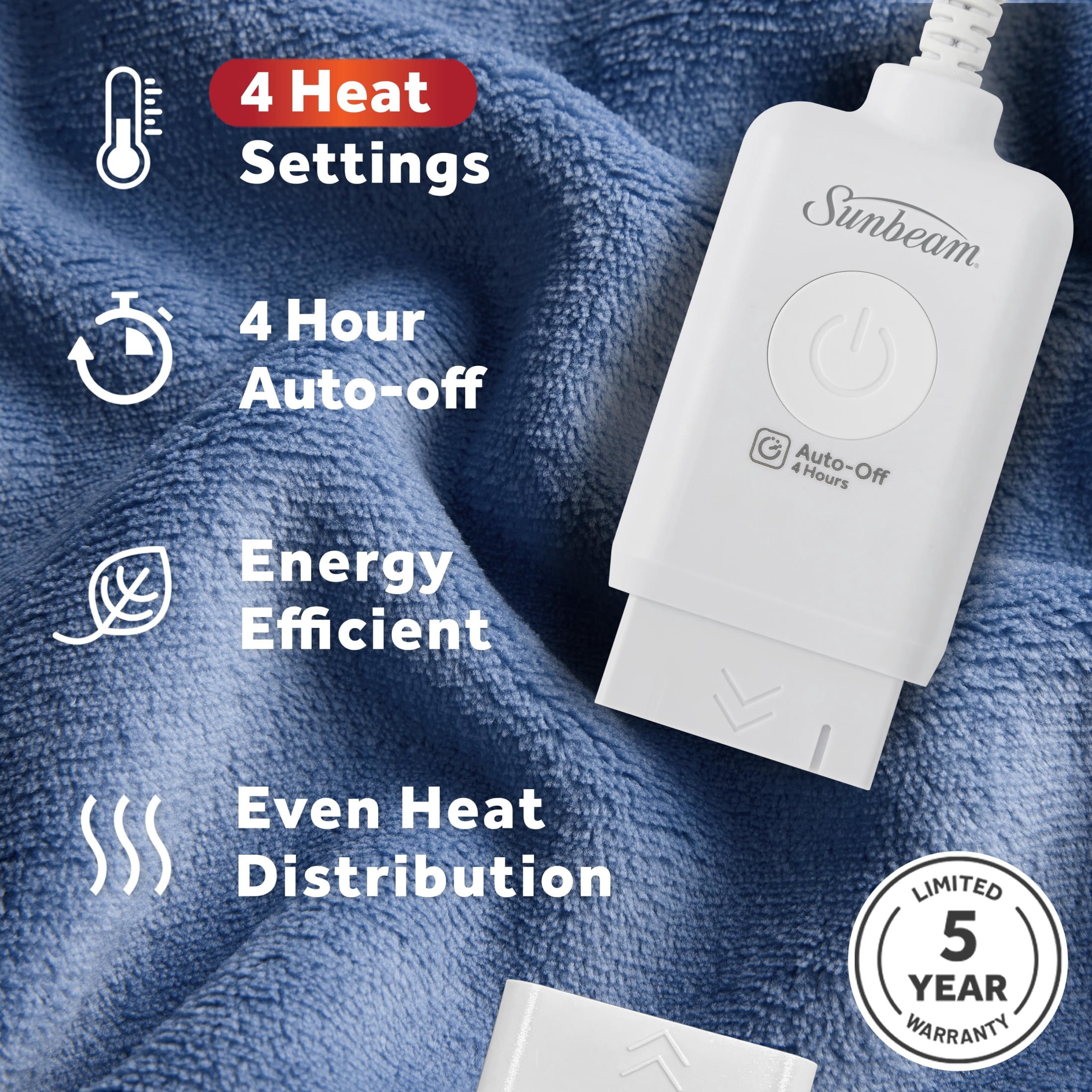 Sunbeam Electric Heated Throw Blanket Oversize Blue Corduroy Microplush 4 Heat Settings