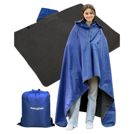DUKUSEEK Hooded Stadium Blanket, Waterproof Windproof Outdoor Fleece Blanket - Large (79x56), Portable, Wearable, Warm for Outdoor Camping, Picnic, Stadium, Sports, Beach, Concerts, Car-Blue
