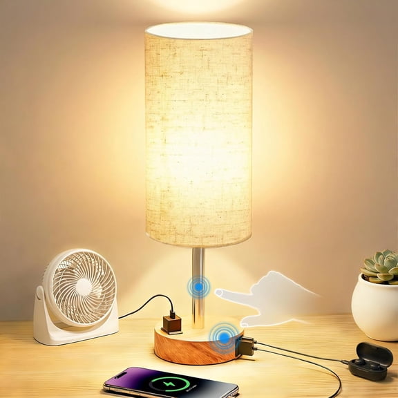 Vesprino Bedside Table Lamp for Bedroom, 3-Way Dimmable Touch Lamp with USB C&A Fast Charging Port, AC Outlet, Lamp with Linen Fabric Shade and Wood Base for Bedroom Living Room, Office