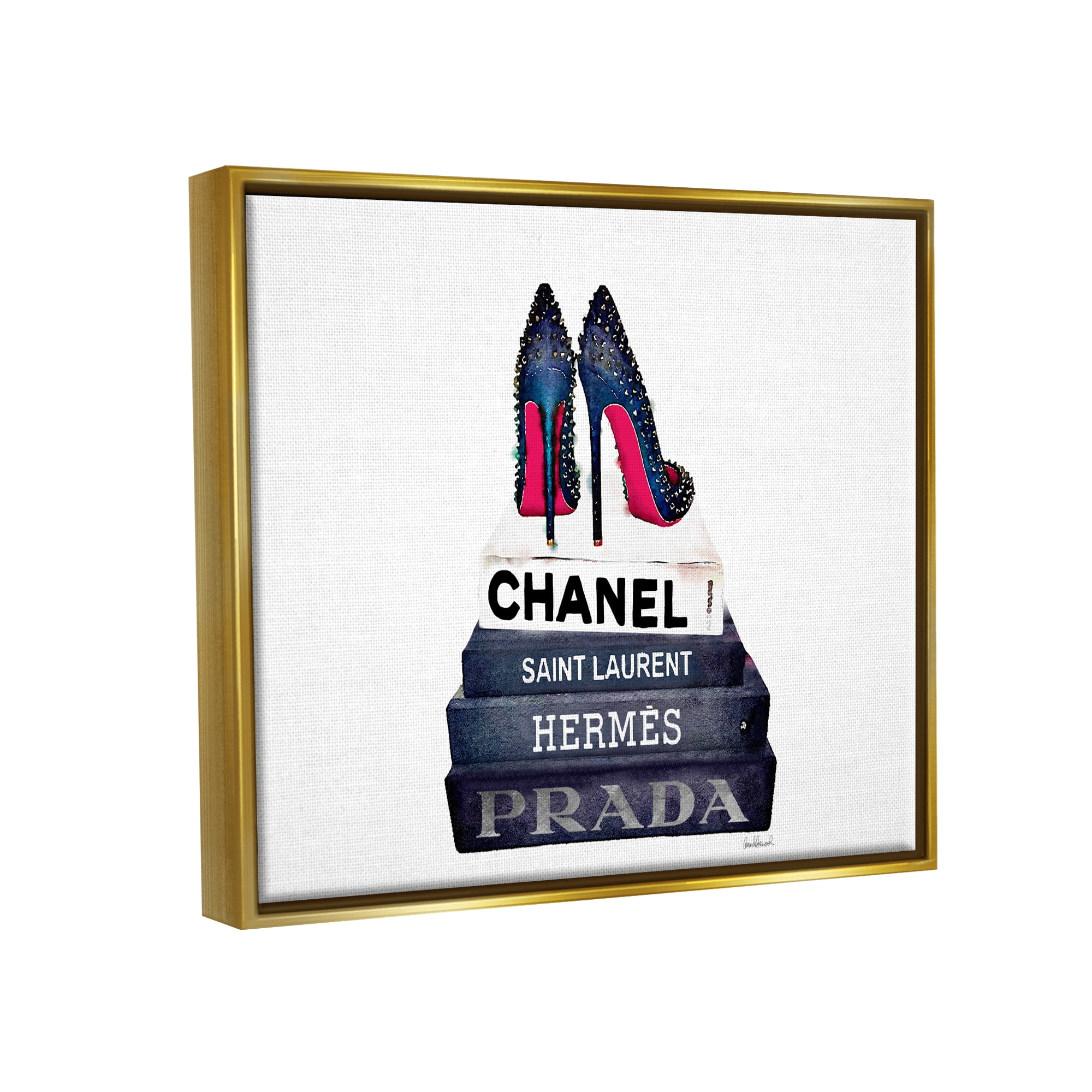 Stupell Industries Glam Fashion Book Set BW Stud Pump Heels Metallic Gold Framed Floating Canvas Wall Art, 16x20, by Amanda Greenwood