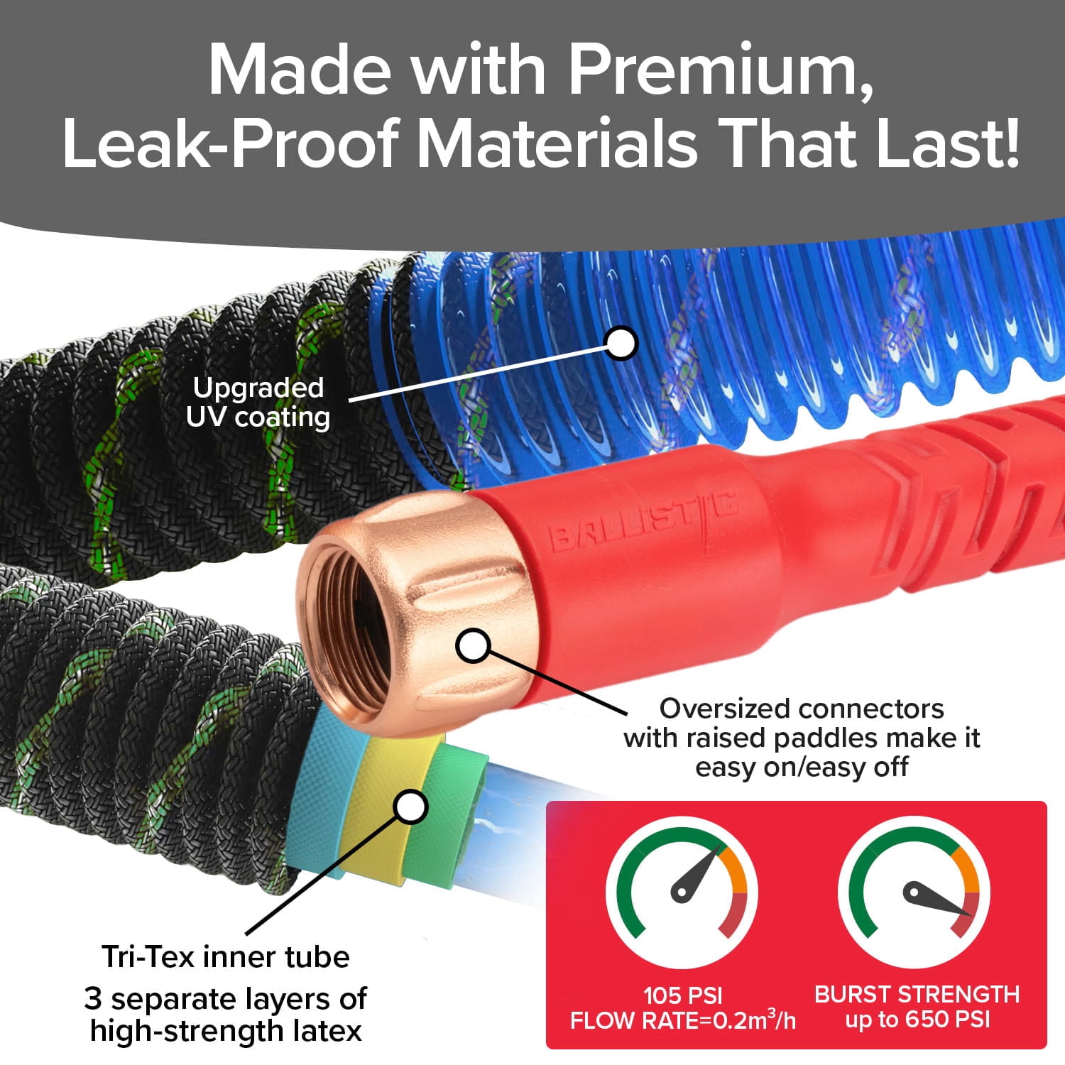 Pocket Hose Ballistic Double UV 50 ft Expandable Garden Hose with Pocket Pivot