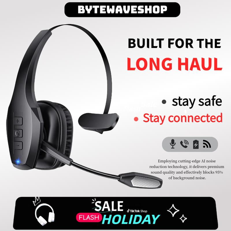 Bytewaveshop Trucker Bluetooth Headset, Wireless with Mic,Bluetooth Headset with Dual Noise Cancelling Microphone & Mute Button, 55Hrs Working Time PC Headset for Cell Phones, Computer, Truck Driver