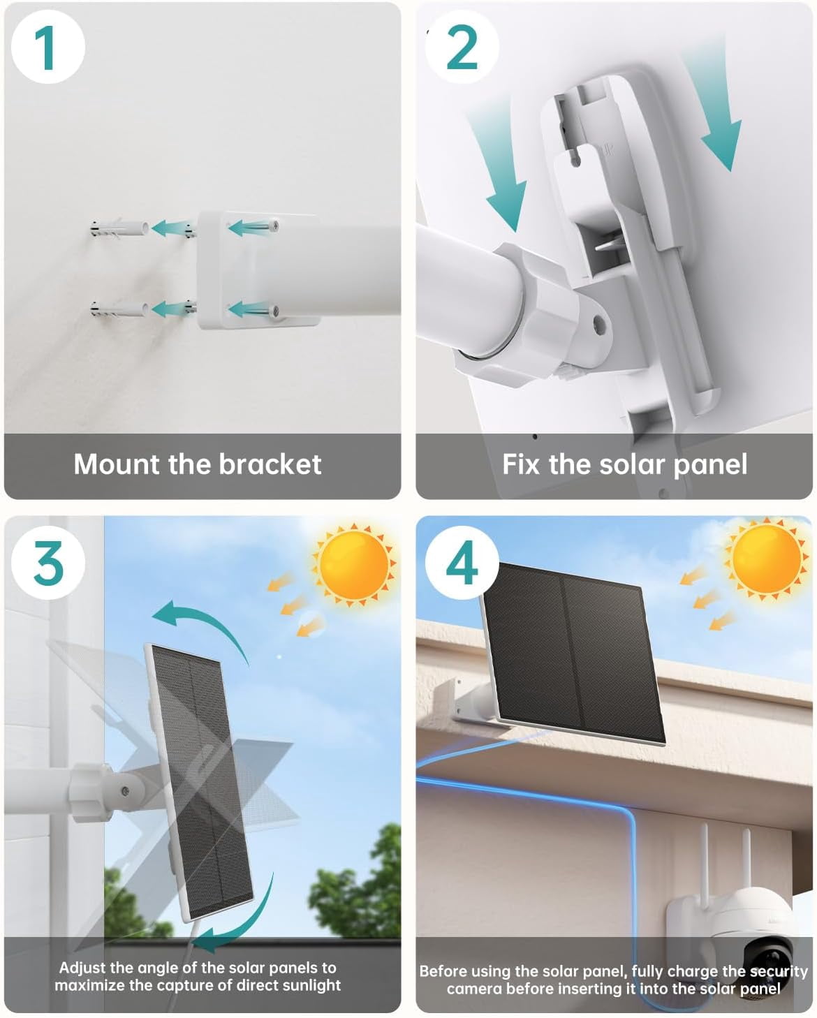 ZUMIMALL 5W Solar Panel for Security Cameras, IP66 Weatherproof, 360° Adjustable Bracket, 10ft Cable, Micro USB & Type-C Port,White