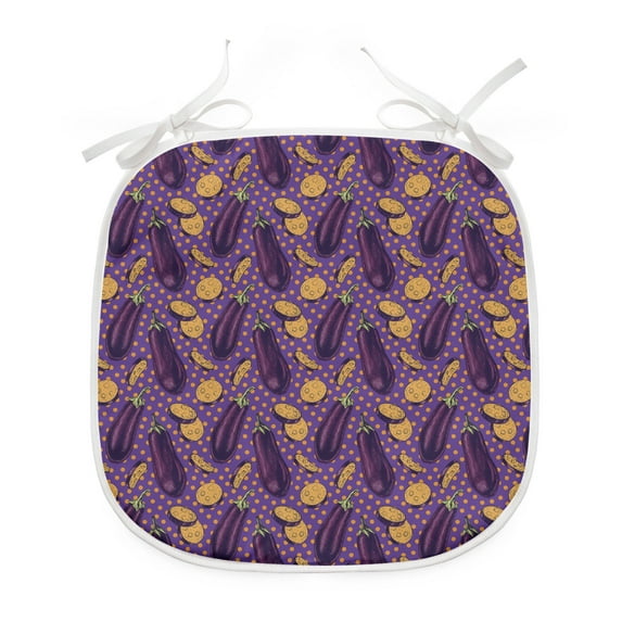 Eggplant Dining Chair Pad, Realistic Looking Eggplants with Eighties Inspired and Dotted Purple Background, Water Resistant Pillow with Straps for Seats, 8 Pieces Set, Purple Orange, by Ambesonne