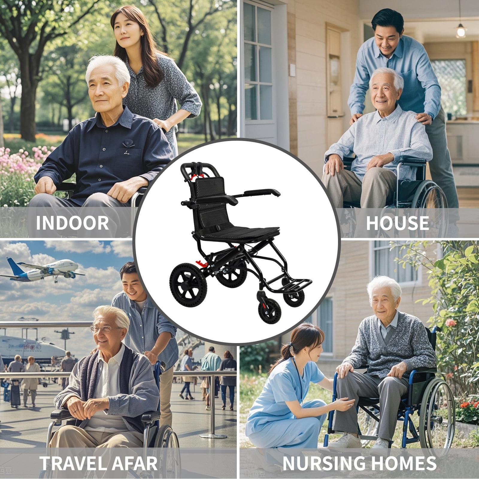 Large Portable Aluminum Transport Wheelchair | Handbrake & 12" Rear Wheels | Lightweight Folding Travel Chair for Adults & Kids | Black (Seat Width: 18")