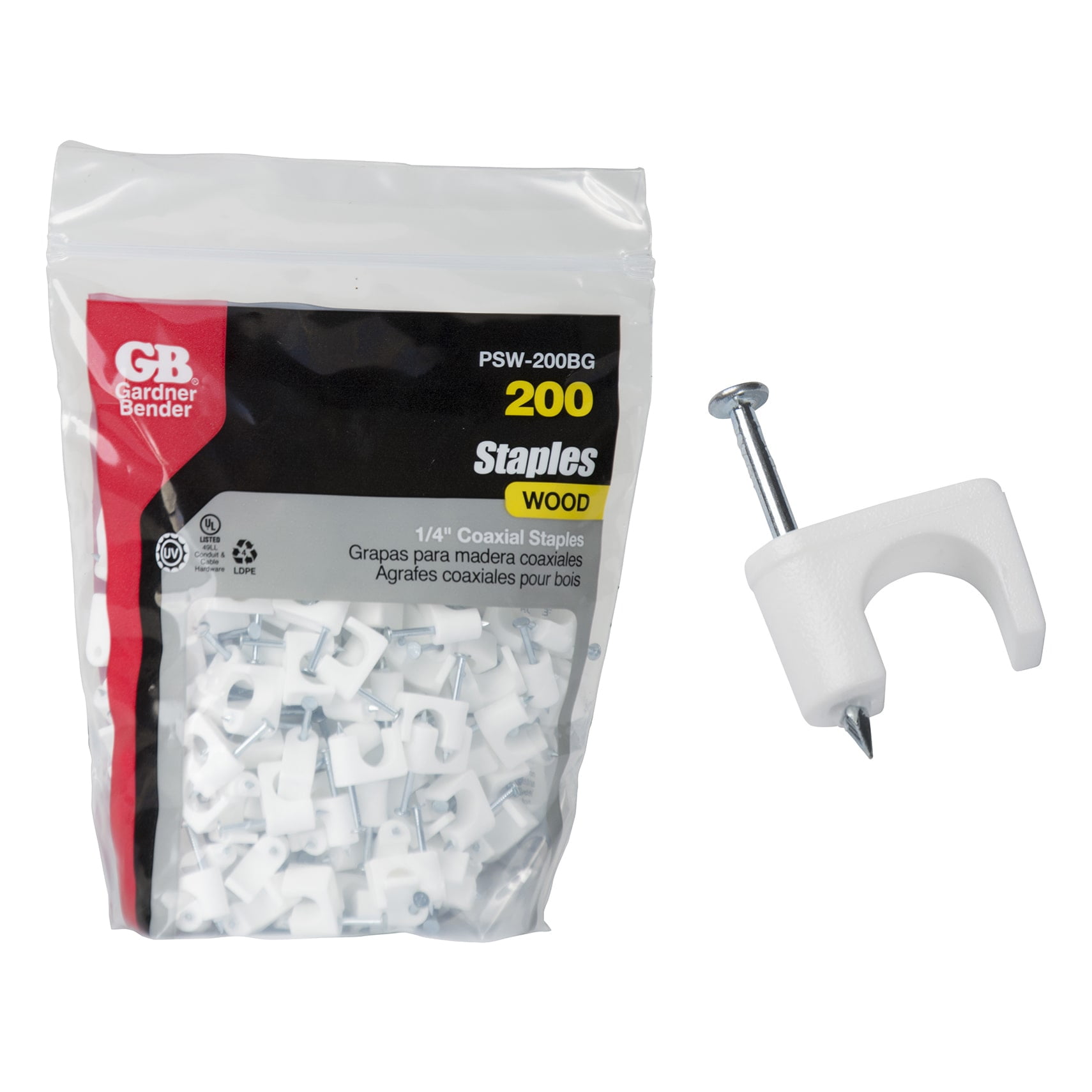 GB Gardner Bender PSW-100 1/4 White Plastic Coaxial Staple 100 Count GB Gardner Bender PSW-100 1/4 White Plastic Coaxial Staple 100 Count