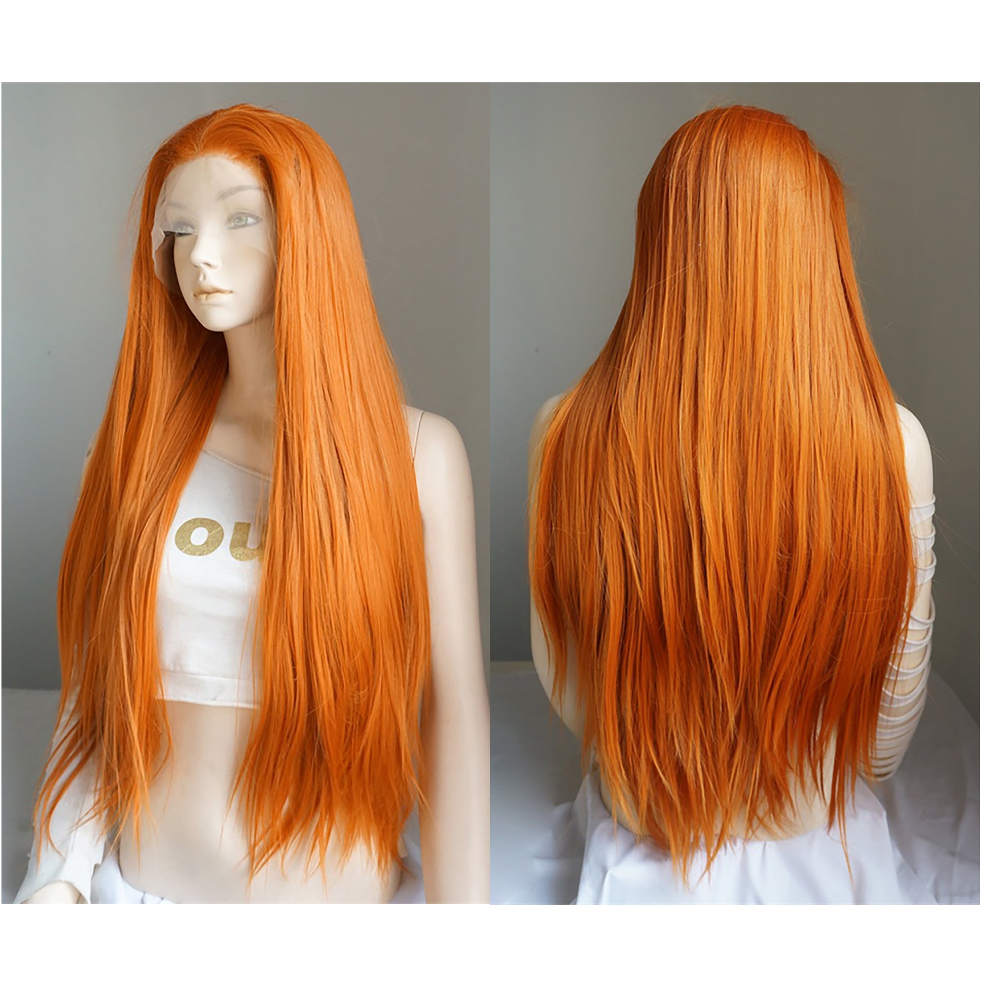 Unique Bargains Lace Front Wigs for Women 24" Orange Long Straight Hair with Wig Cap