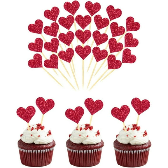 Heart Cupcake Toppers 60 Pcs Red Glitter Picks Valentine for Wedding Party