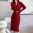 thumbnail image 3 of Vigonne 2025 Robe Tricotée à Col en V pour Femme Printemps Automne Manches Longues Robe de Soirée Serrée Longue, 3 of 5