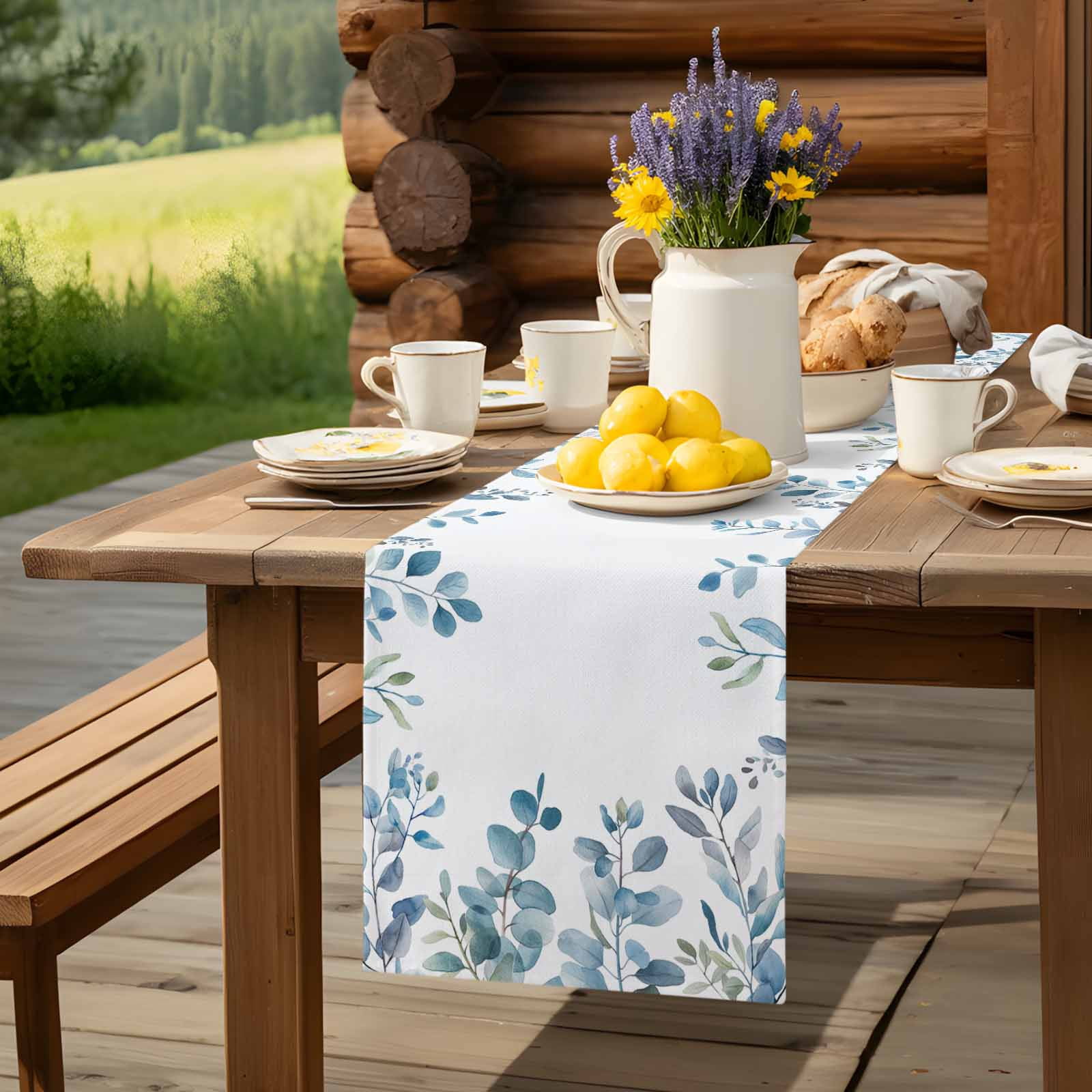 Pastoral Blue Eucalyptus Leaves Table Runner 90 Inches Long, Idyllic Botanical on White Table Runners Tabletop Scarf Kitchen Dining Tables Decoration for Home Party Indoor Outdoor
